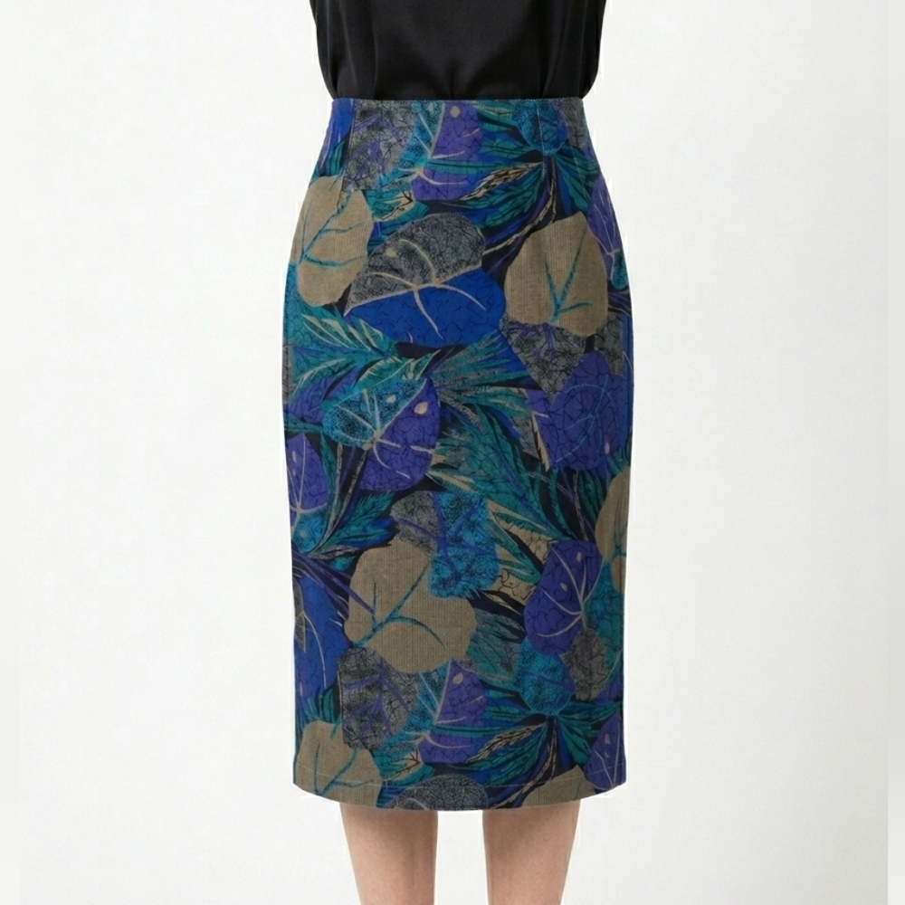 80s Botanical Pencil Column Skirt Size S Cotton Earth Tone Moody Nature Monstera